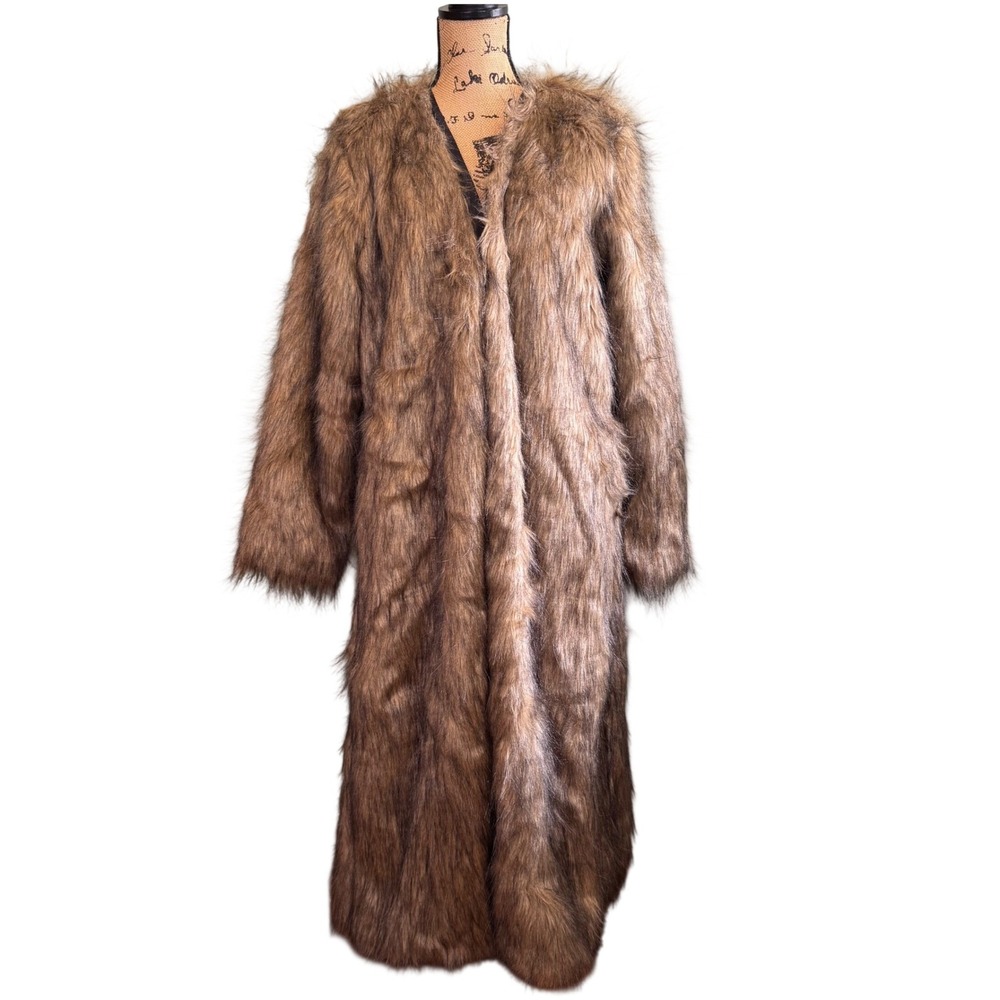 NWOT Aixirui Womens Winter Warm Comfy Faux Fur Shaggy Long Coat Brown Size XL